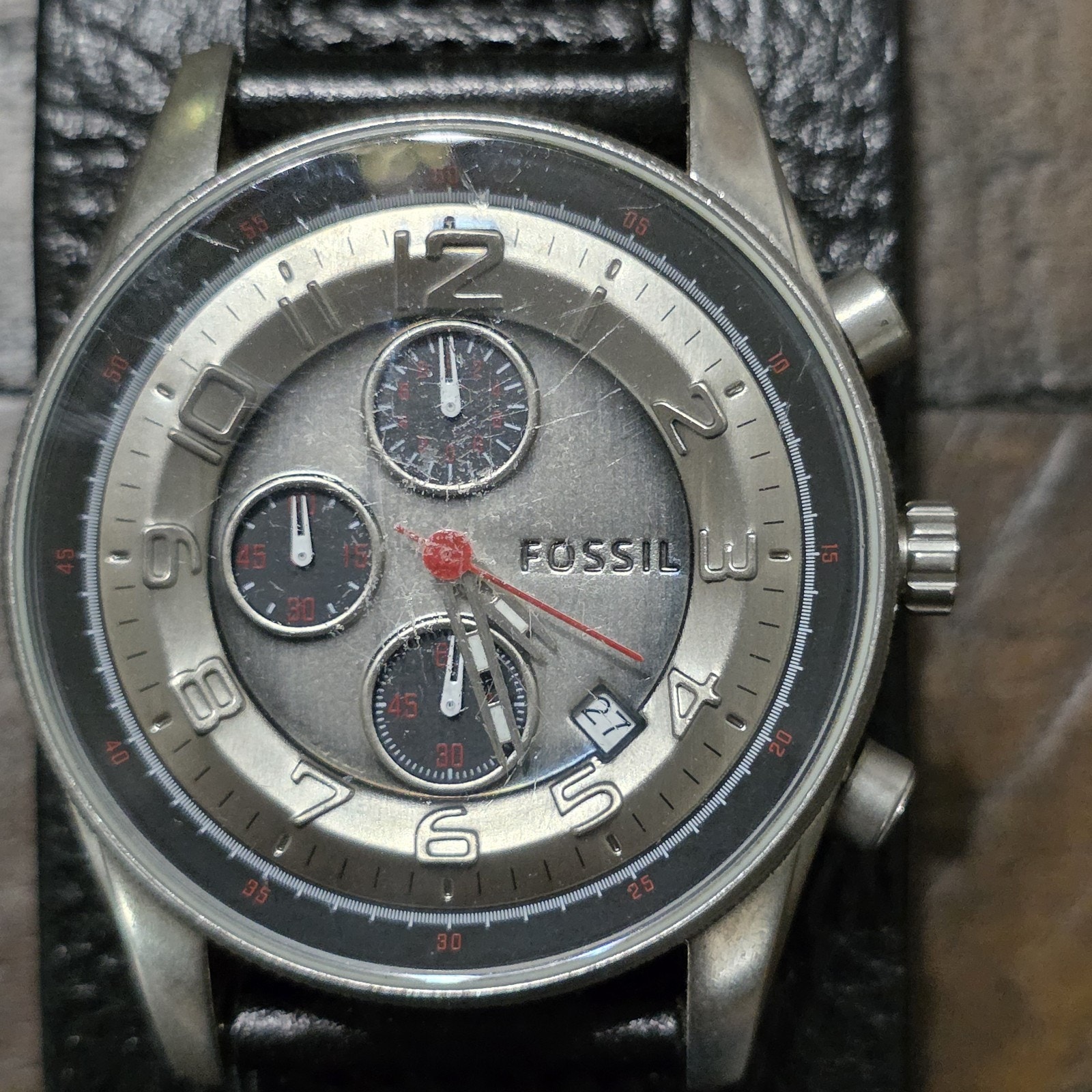 Fossil Men's Chronograph Quartz Watch Stainless Steel Black Leather Strap Date
